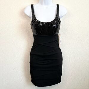 New Emerald Sundae Black Party Dress Women's S Layered Shiny Sequin Mini